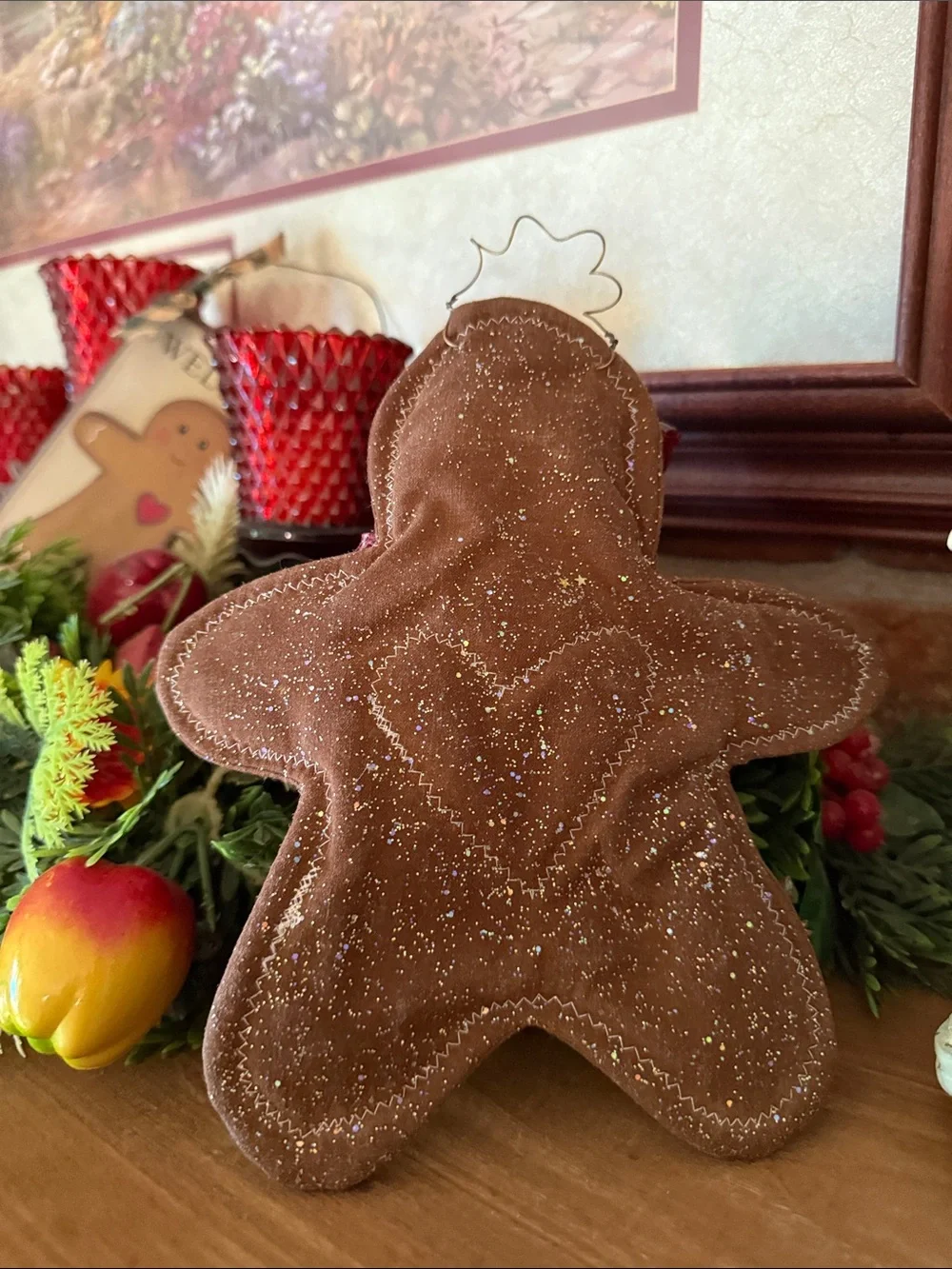 Vintage Handmade Brown Gingerbread Ornament with Red Gingham Bow